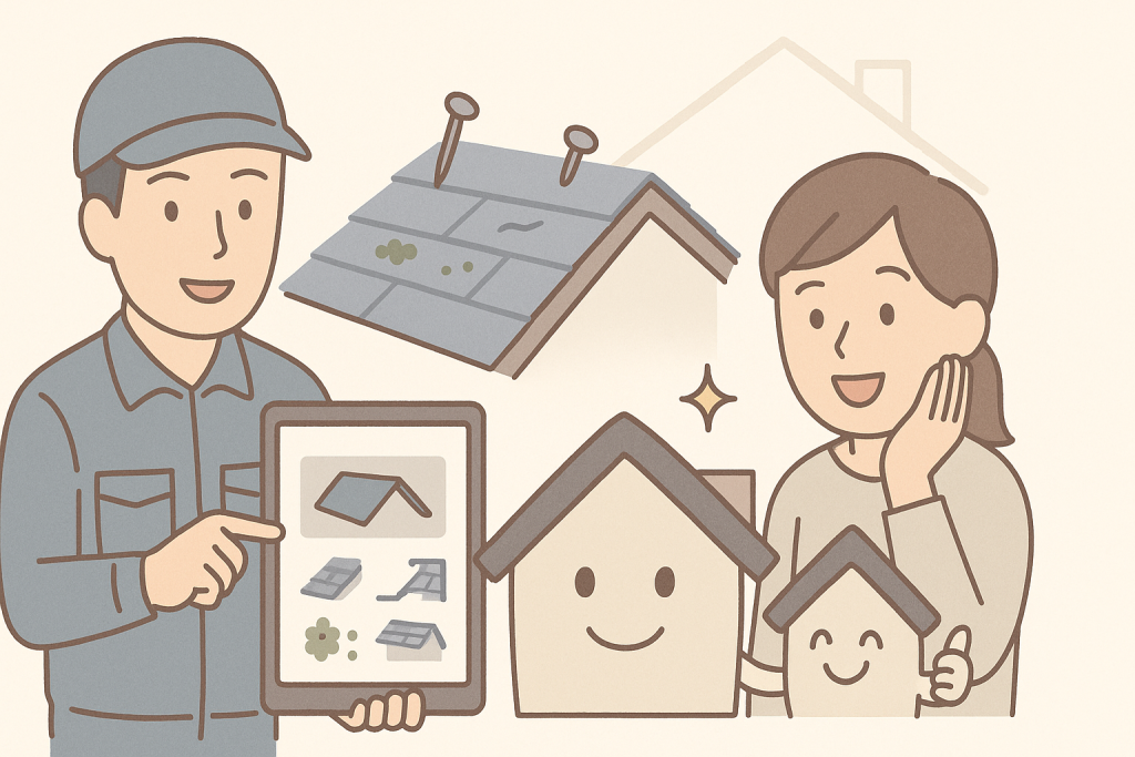 屋根点検でよく見つかる劣化箇所（棟板金の浮き、釘の浮き、ひび割れ、コケ発生など）を屋根の図解でわかりやすく示したイラスト。
