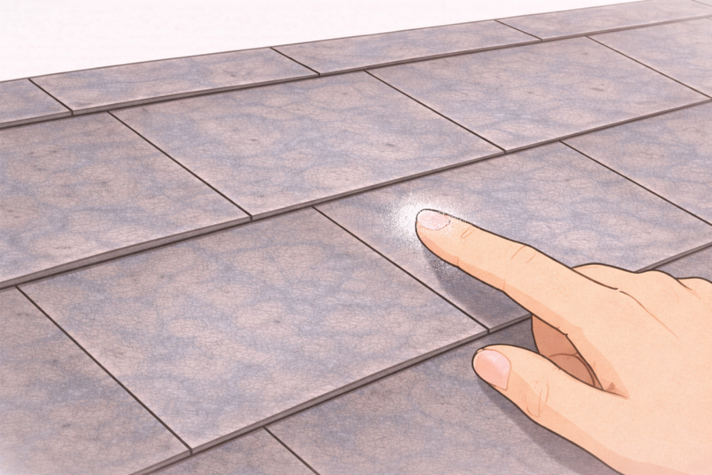 色あせたコロニアルスレート屋根に触れた指に白い粉が付くチョーキング現象のイメージ
