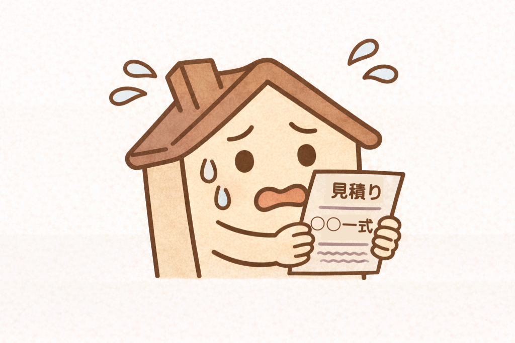 「一式」と書かれた見積書を不安そうに見る家キャラ