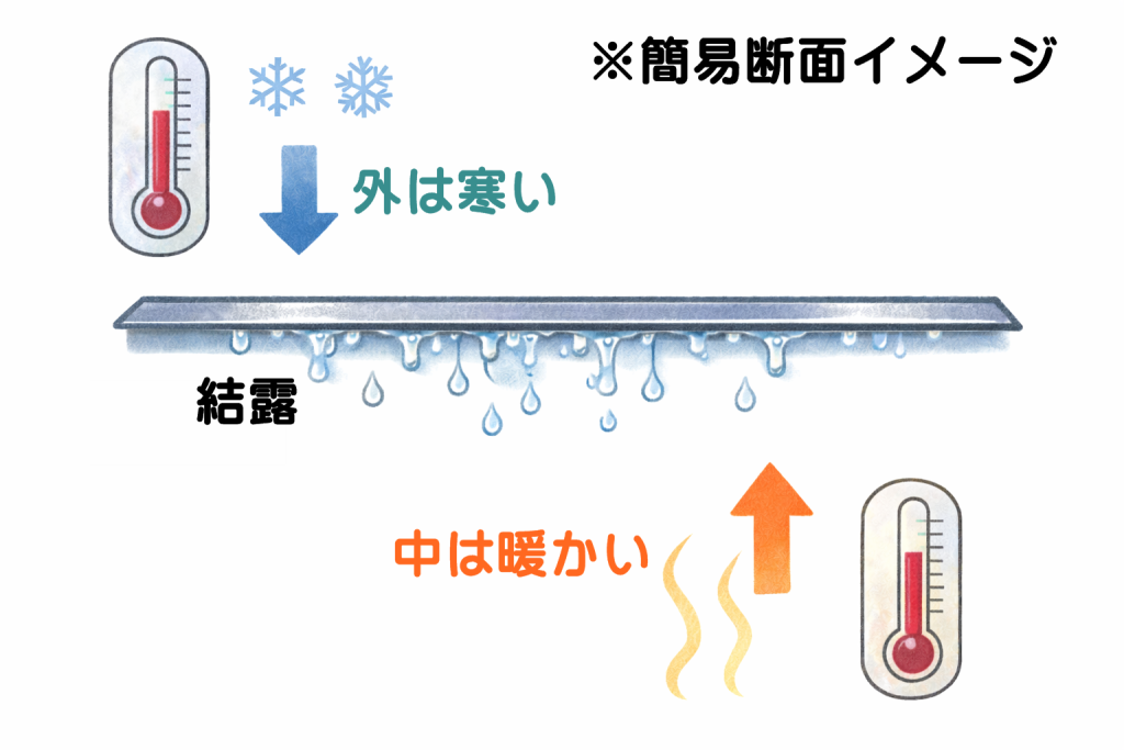 金属屋根内部で結露が発生する仕組みのイメージ