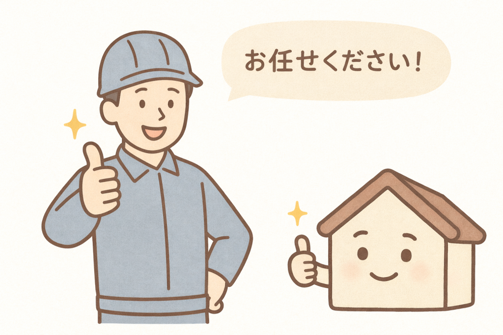 家キャラと屋根専門作業員が修理方法の相談に応じているイメージ
