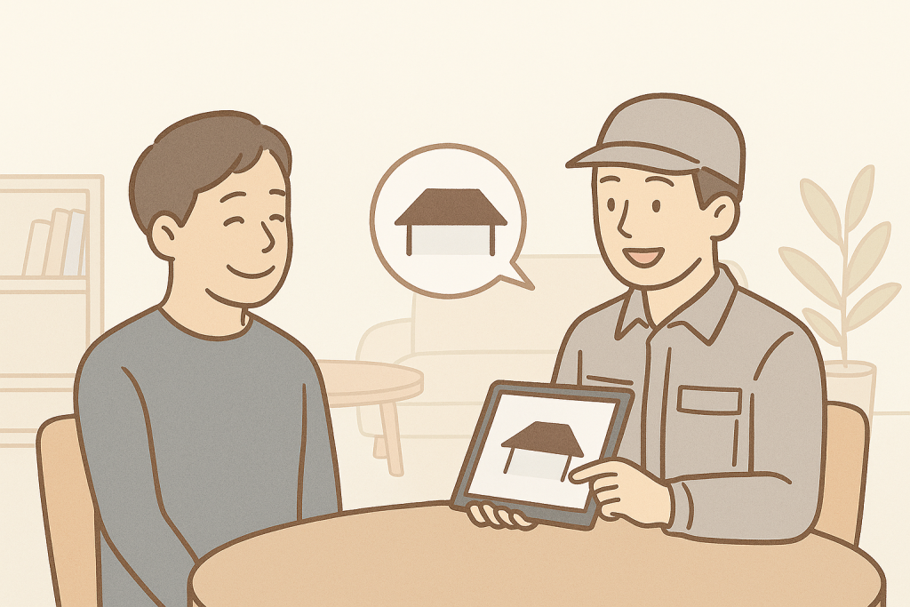 屋根点検の結果をもとに工法を相談している様子