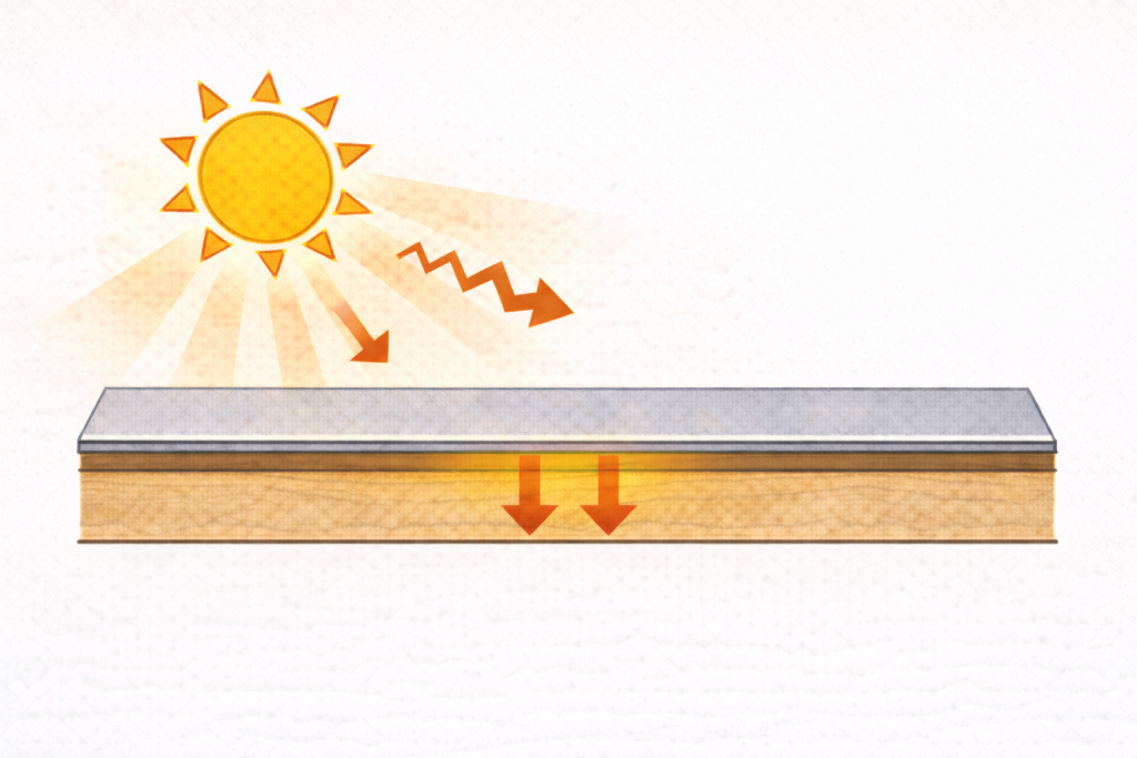 断熱材を使わない直貼り施工の金属屋根断面構造