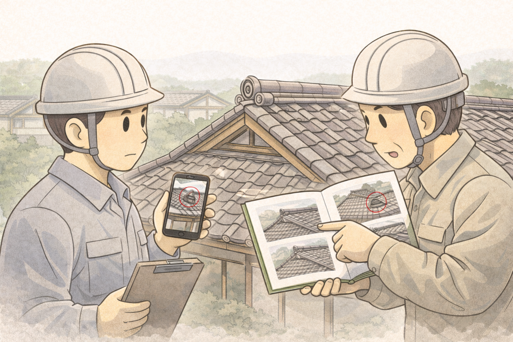 古民家や京町家で行う写真付き瓦屋根点検のイメージ