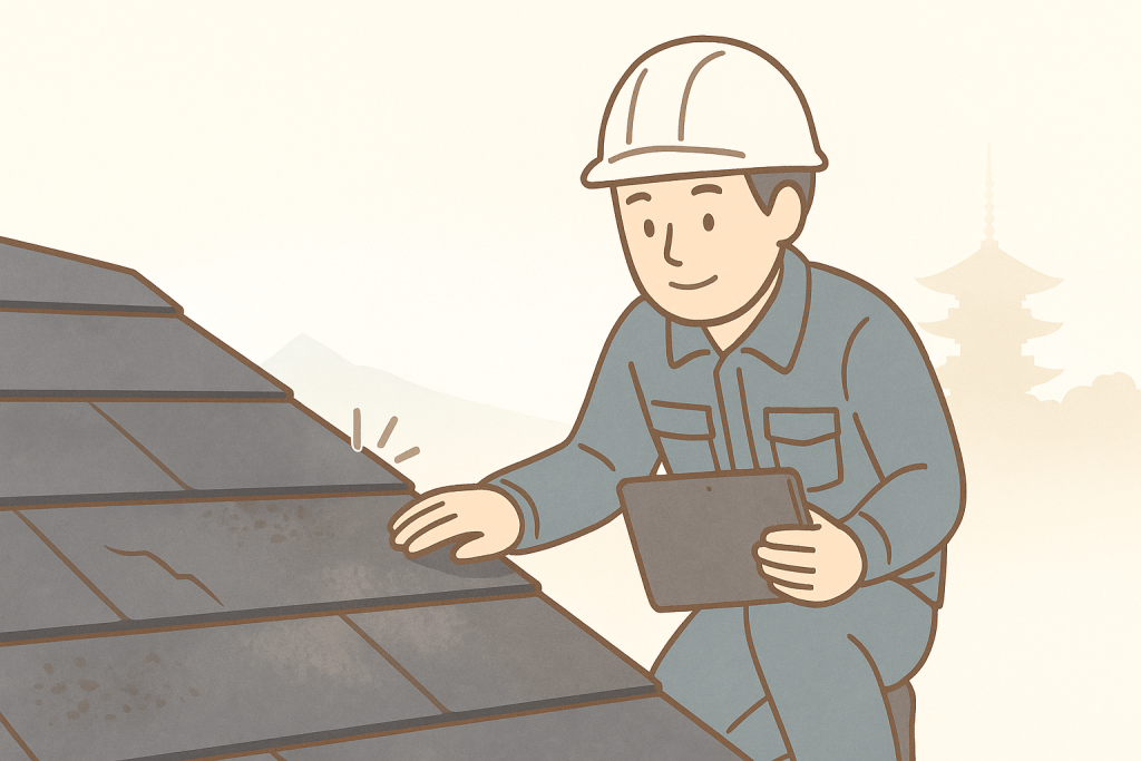 代表の作業員キャラがスレート屋根をタブレットで点検している安心感のある2Dイラスト
