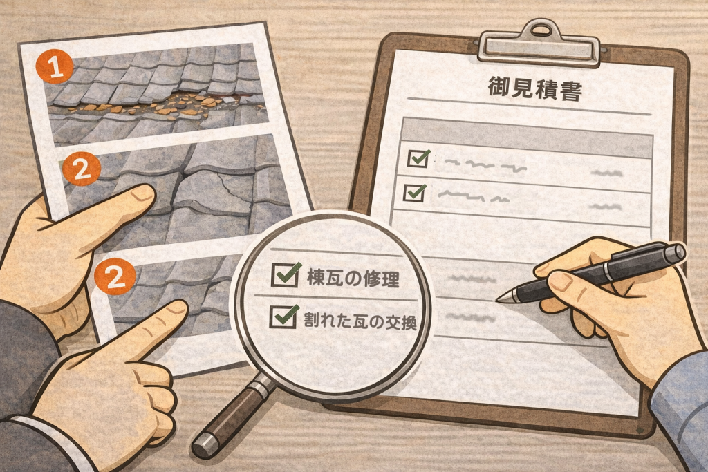 瓦屋根の点検写真と見積内容を照らし合わせて確認している様子