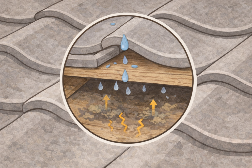 瓦屋根の内部で進行する下地劣化のイメージ