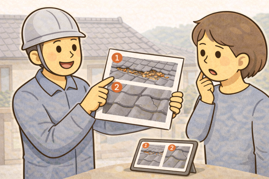 瓦屋根の劣化状況を写真を使って説明している点検の様子