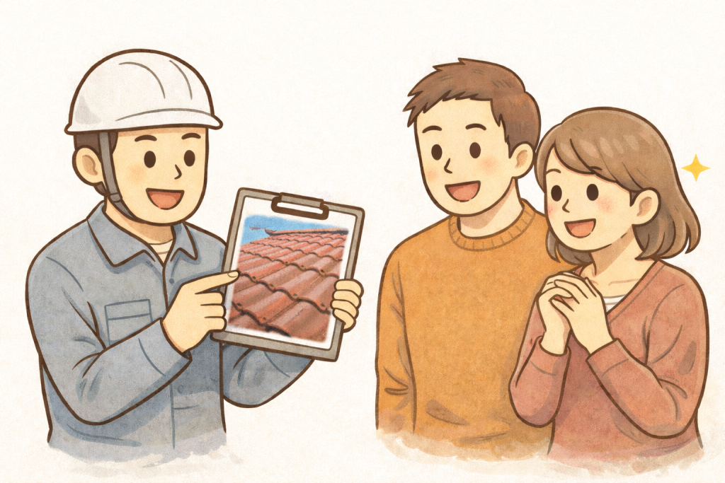 瓦屋根の固定状態について点検説明を受けている様子