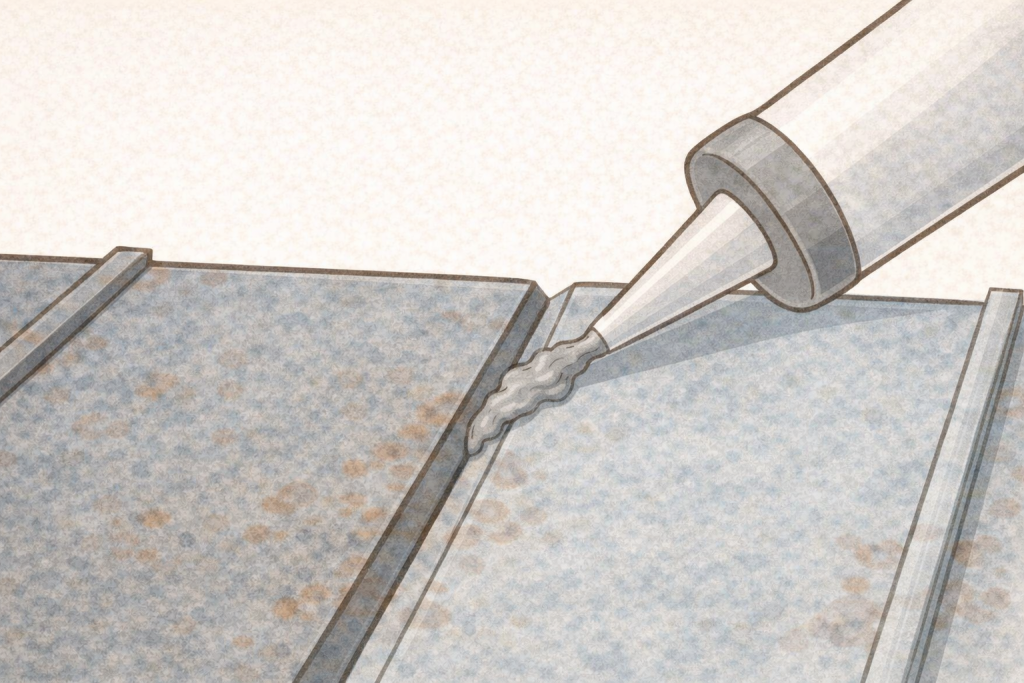 コーキングで穴を塞いでいる金属屋根の応急補修