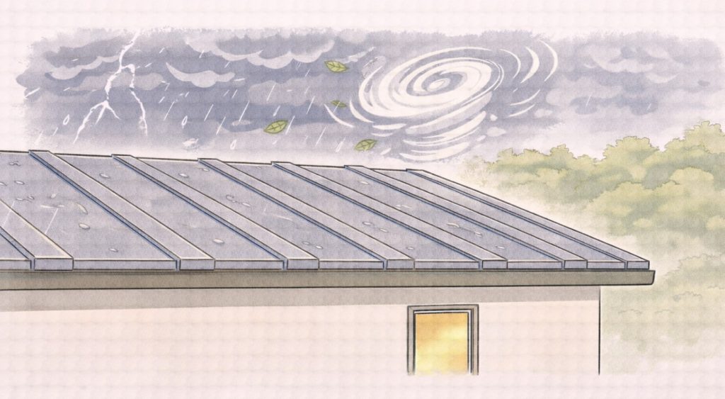 台風前に金属屋根の状態を確認している様子