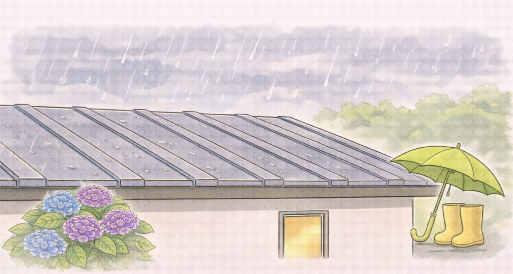 梅雨前に金属屋根のサビや雨どいを確認している様子