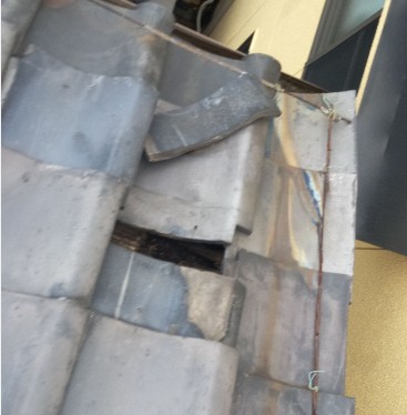 横割れした瓦が長期間放置され雨水が侵入していた状態