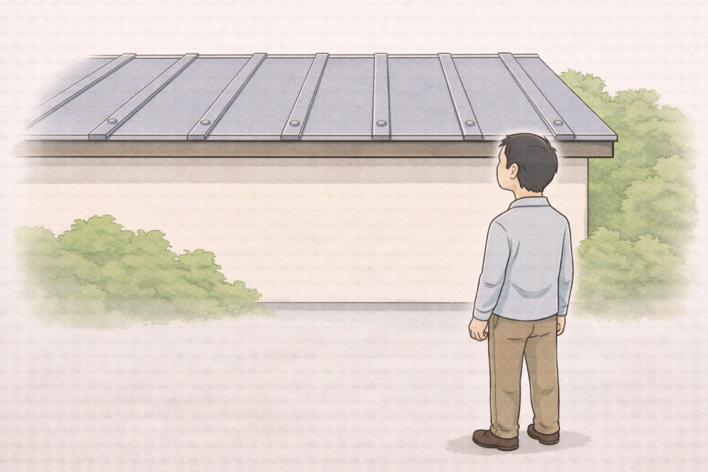 地上から金属屋根を目視で確認している様子