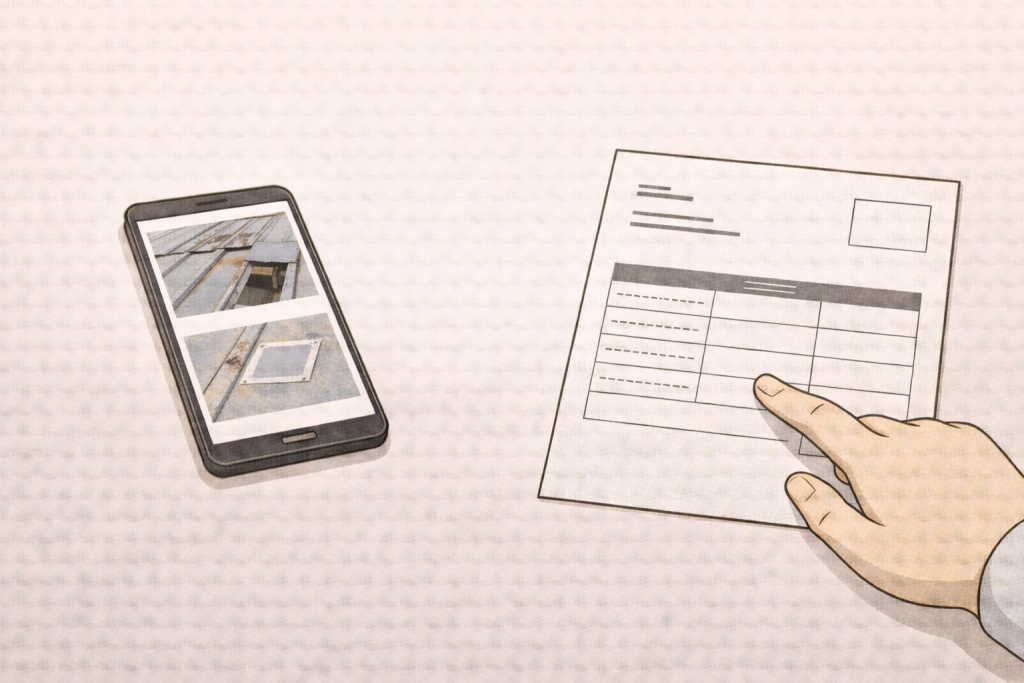 屋根写真と見積書の内容を見比べて確認している様子