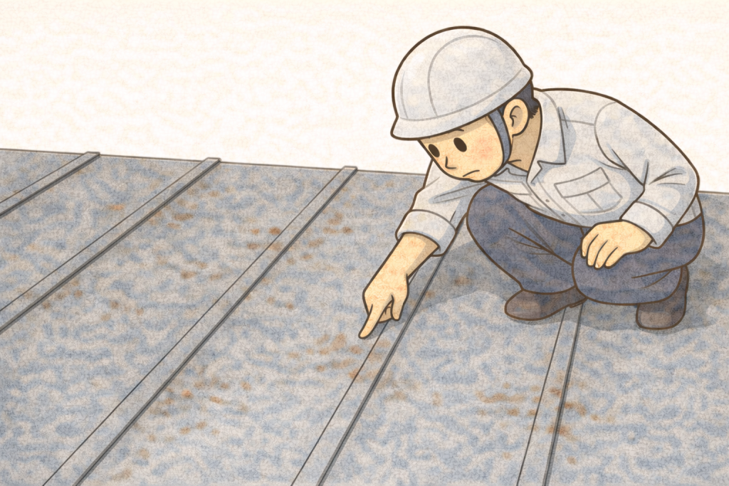 金属屋根の劣化症状を確認している様子