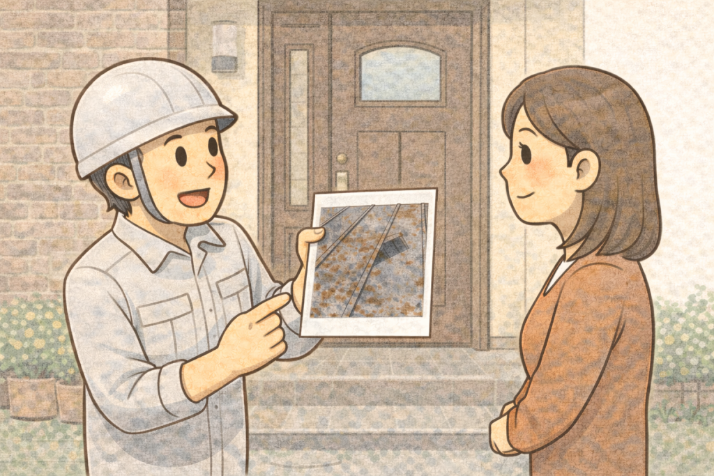 自宅の金属屋根の劣化状況を写真を見て現状を整理している様子