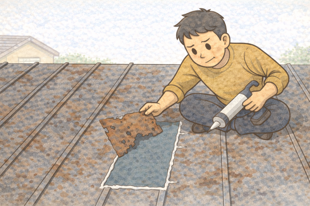 一部だけ補修され他の劣化が残っている金属屋根