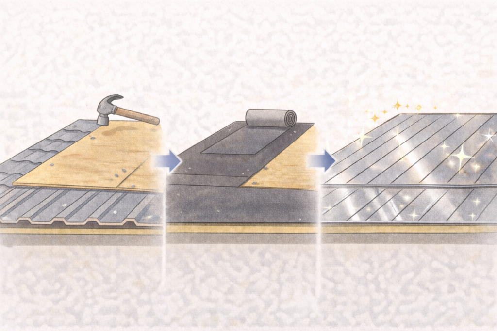 金属屋根のカバー工法と葺き替え工事の費用感比較イメージ