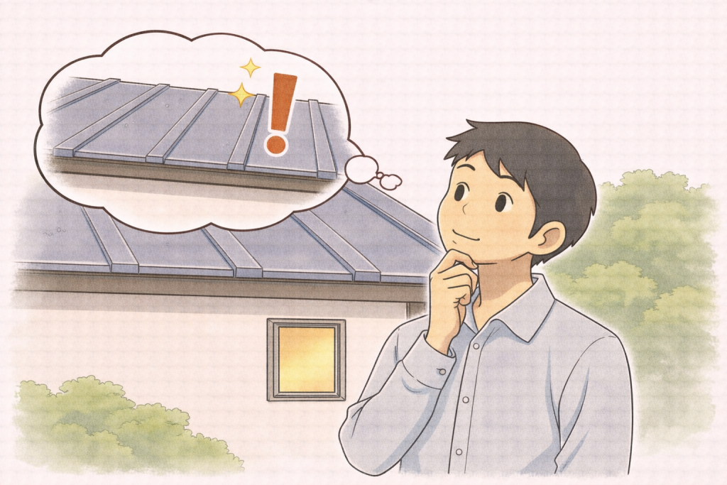 金属屋根の小さな違和感に気づいている様子