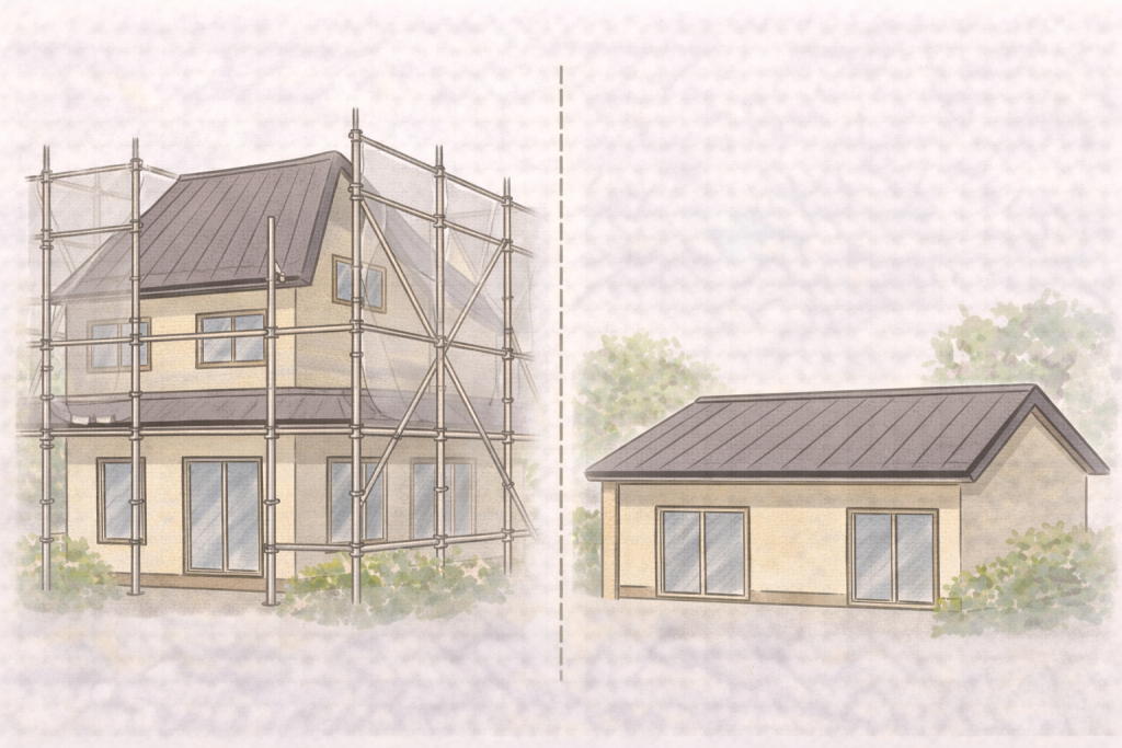 金属屋根工事で足場が必要なケースと不要なケースの比較イメージ