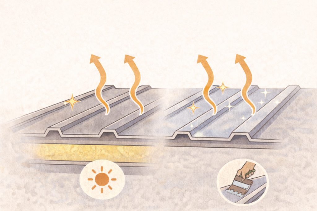 金属屋根における断熱材と遮熱塗装の役割の違いを示した断面イメージ
