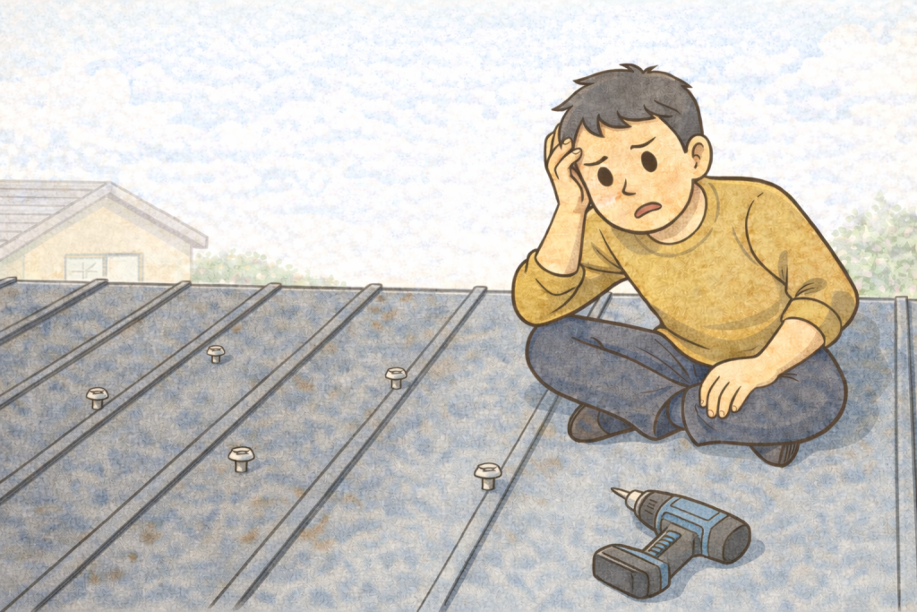 ビスを締め直して補修している金属屋根の状態