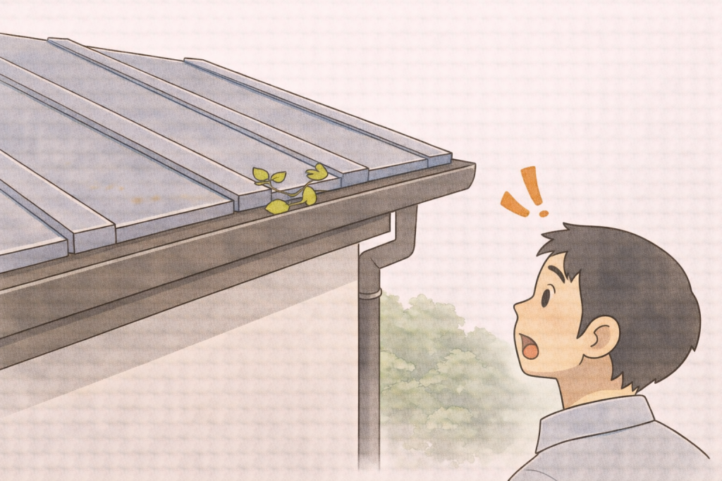 雨どいや屋根周辺の状態を確認している様子