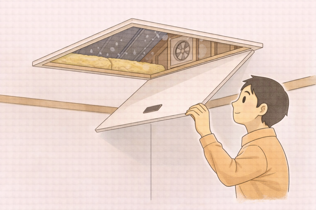 点検口から屋根裏の状態を確認している様子