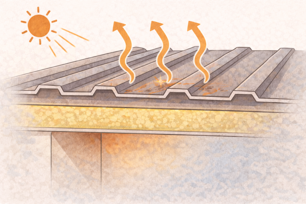 断熱材を追加して室内への熱の伝わり方が変わる金属屋根の構造