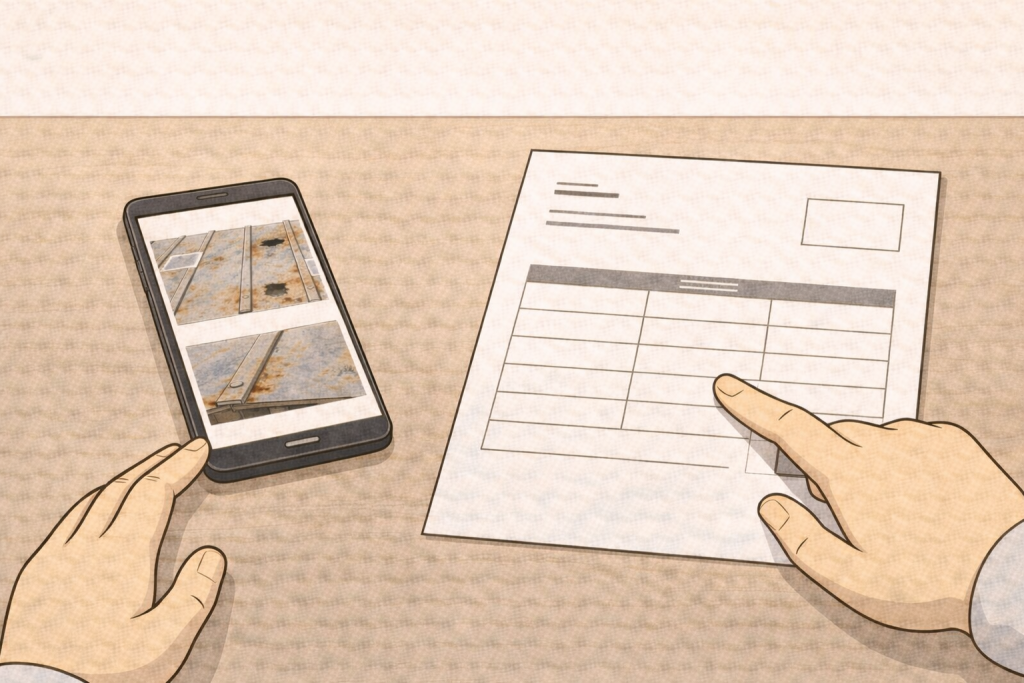 屋根写真と見積書を見比べて確認している様子