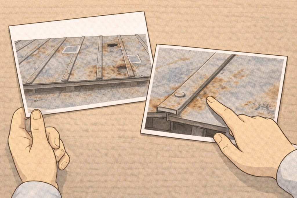 金属屋根の劣化状態を写真で説明している様子