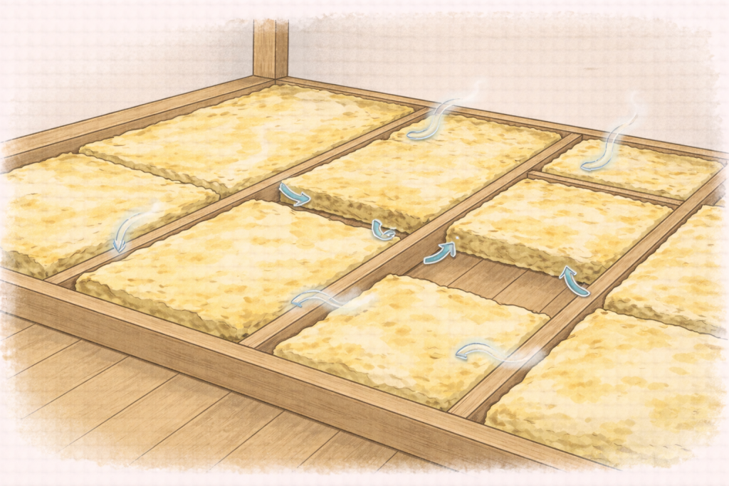 断熱材のズレや隙間を確認している屋根裏の様子