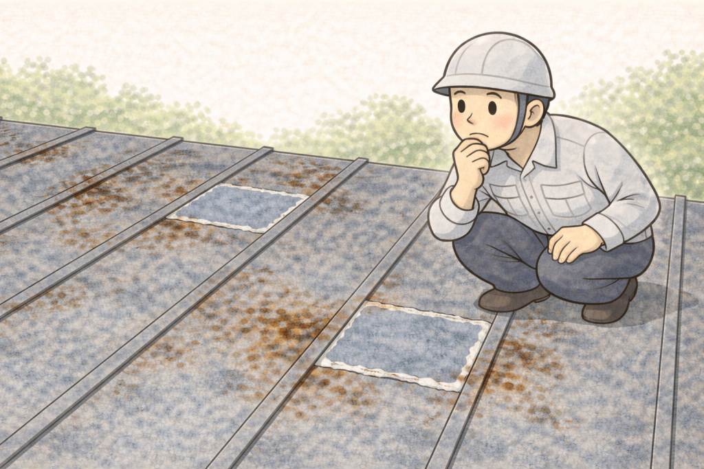 サビや補修跡が増え、全体的な判断が必要になってきた金属屋根の状態。