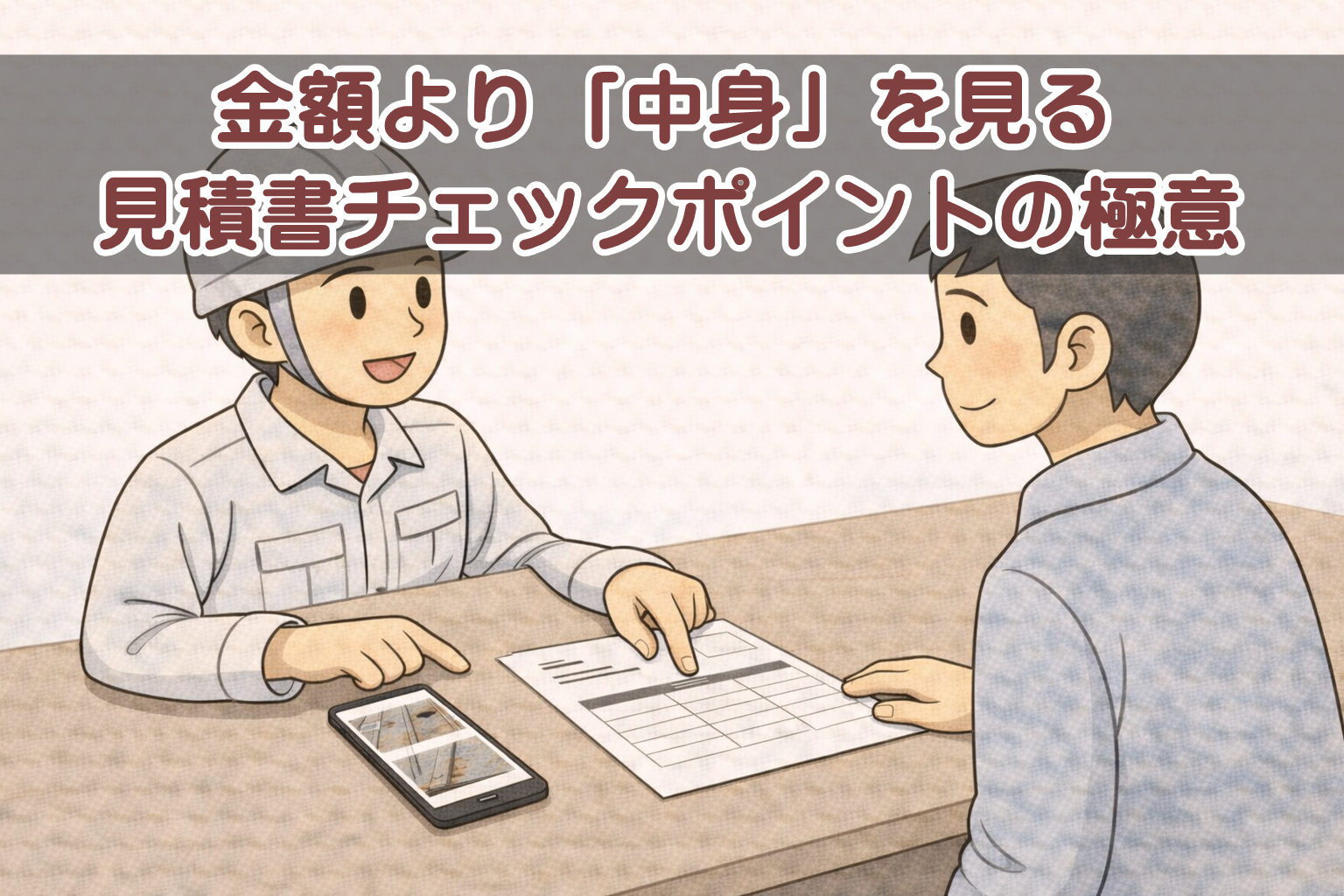 金属屋根工事の見積書内容を確認しているイメージ