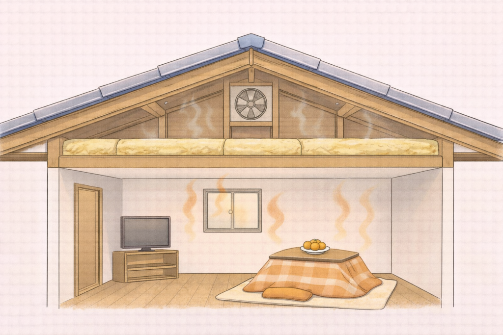 室内の湿気が屋根裏にたまる仕組みを示すイメージ