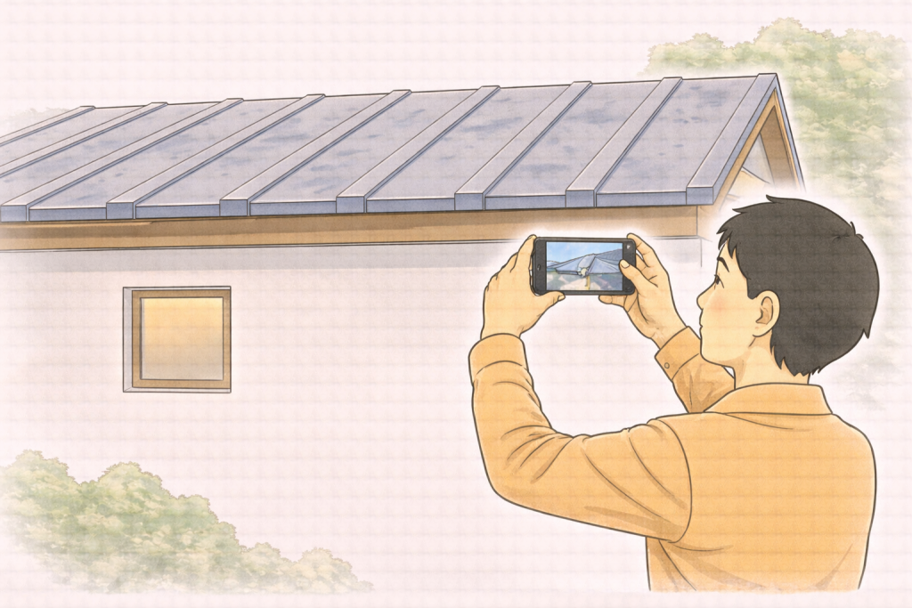 地上から金属屋根を撮影している様子