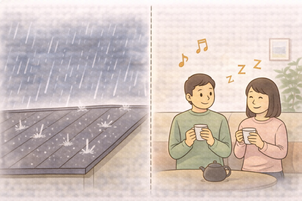 防音対策によって雨音が軽減された金属屋根のイメージ