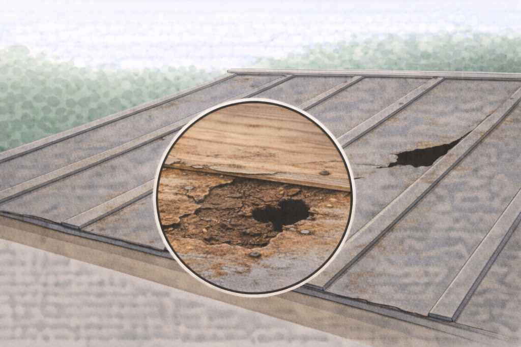 下地劣化が疑われる築年数の古い金属屋根