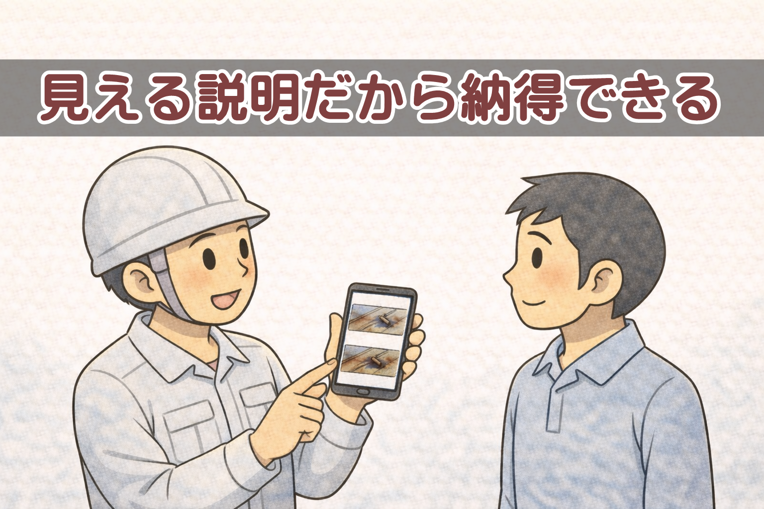 写真を使って金属屋根の状態を説明している点検のイメージ