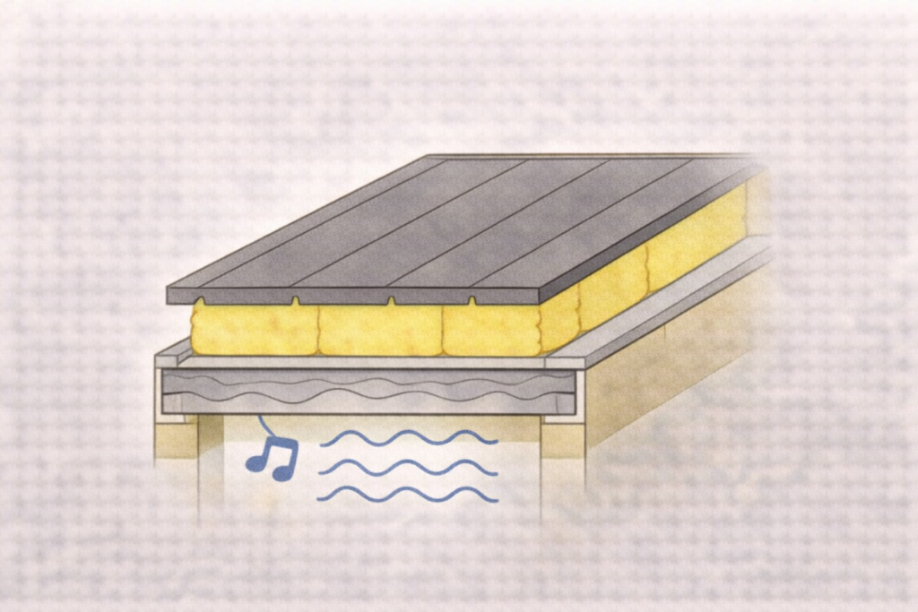 金属屋根に断熱材や防音対策を追加した構造イメージ