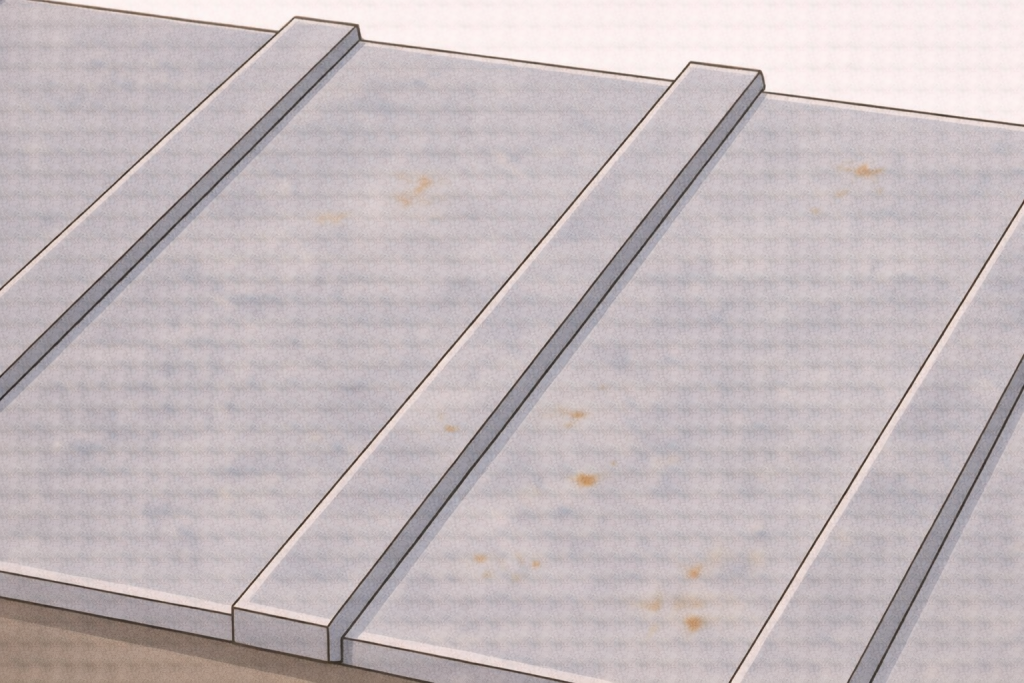 点状のサビや色ムラなど、初期劣化を確認している金属屋根の様子。