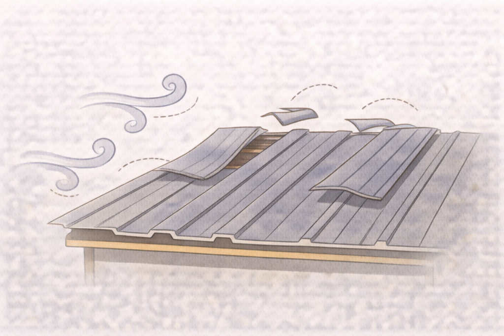 台風や強風で浮いた金属屋根の被害イメージ