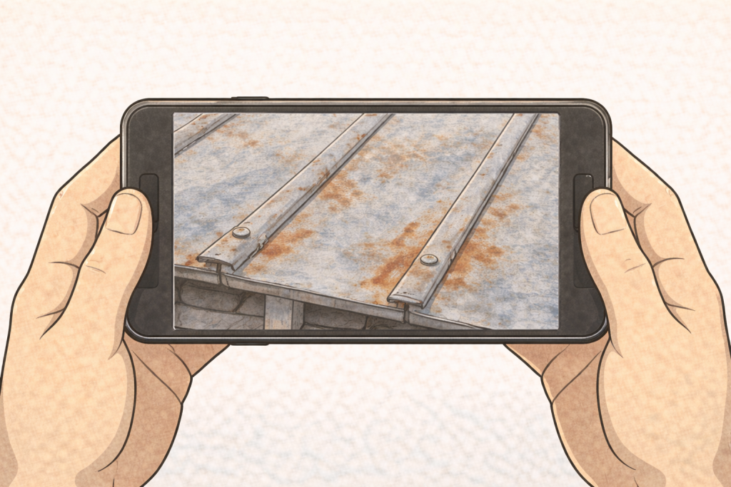 金属屋根の実際の状態を写真で確認している様子