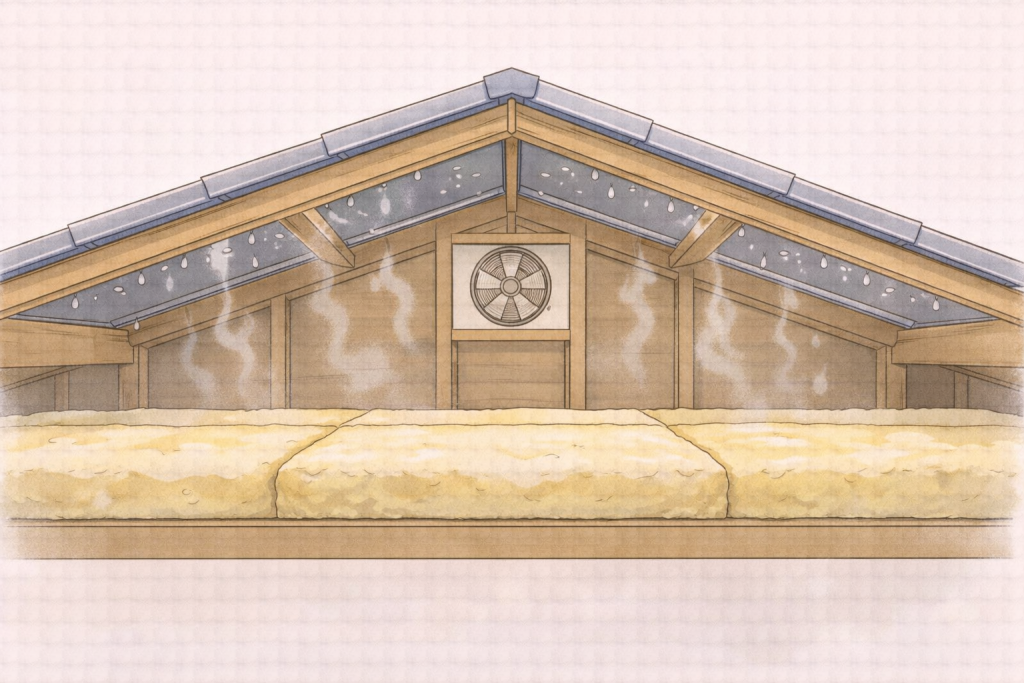 屋根裏で湿気や結露が発生しやすい状態のイメージ
