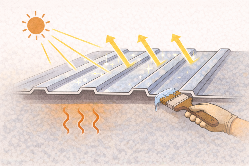 遮熱塗装によって金属屋根表面の温度上昇が抑えられるイメージ