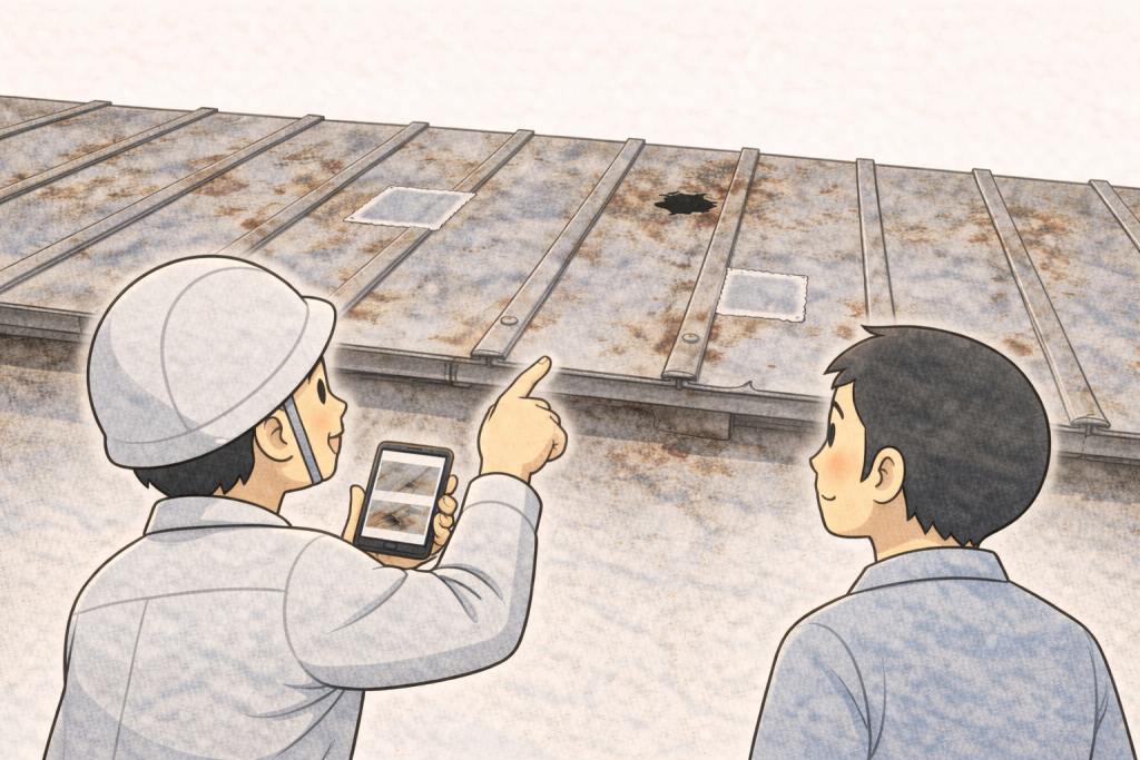 屋根写真を見ながら冷静に判断している様子